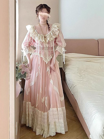 クラシックロリータ衣装 ピンクカラーブロックフリル半袖トップススカートセット かわいいファッション