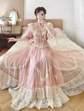 クラシックロリータ衣装 ピンクカラーブロックフリル半袖トップススカートセット かわいいファッション