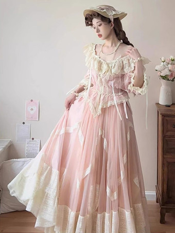 クラシックロリータ衣装 ピンクカラーブロックフリル半袖トップススカートセット かわいいファッション