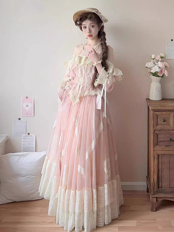 クラシックロリータ衣装 ピンクカラーブロックフリル半袖トップススカートセット かわいいファッション
