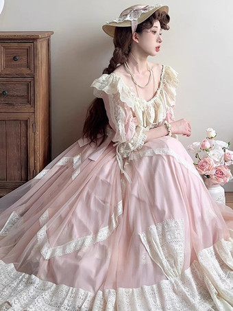 ピンククラシックロリータ衣装 ピンクカラーブロックフリル半袖トップススカートセット かわいいファッション