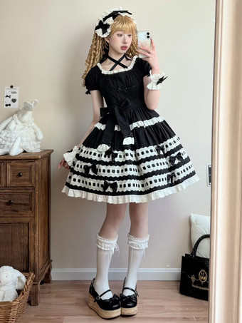 スイートロリータドレス ライトスカイブルー 半袖 フリル カジュアル デイリードレス ポリエステル かわいい ファッション