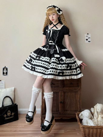 ブラック スイートロリータドレス ライトスカイブルー 半袖 フリル カジュアル デイリードレス ポリエステル かわいい ファッション