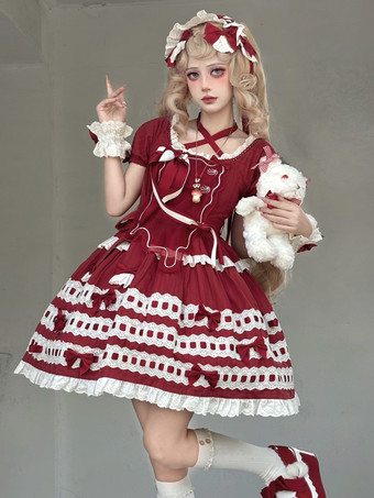 スイートロリータドレス ライトスカイブルー 半袖 フリル カジュアル デイリードレス ポリエステル かわいい ファッション