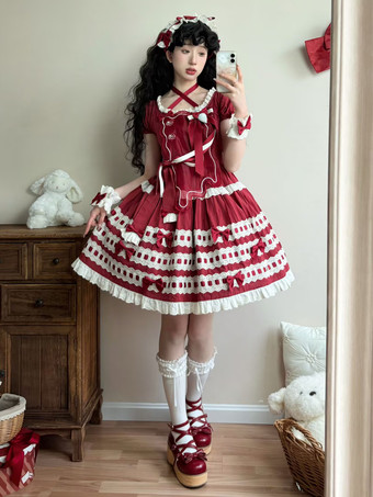 レッド スイートロリータドレス ライトスカイブルー 半袖 フリル カジュアル デイリードレス ポリエステル かわいい ファッション