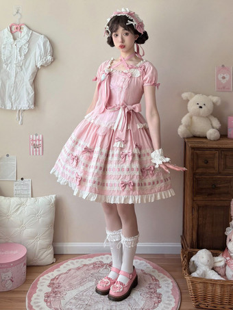 スイートロリータドレス ライトスカイブルー 半袖 フリル カジュアル デイリードレス ポリエステル かわいい ファッション