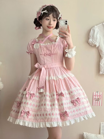 ピンクスイートロリータドレス ライトスカイブルー 半袖 フリル カジュアル デイリードレス ポリエステル かわいい ファッション