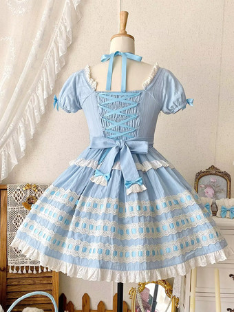 スイートロリータドレス ライトスカイブルー 半袖 フリル カジュアル デイリードレス ポリエステル かわいい ファッション