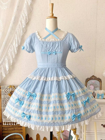 スイートロリータドレス ライトスカイブルー 半袖 フリル カジュアル デイリードレス ポリエステル かわいい ファッション