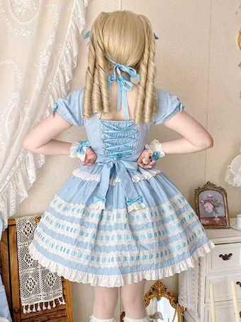 スイートロリータドレス ライトスカイブルー 半袖 フリル カジュアル デイリードレス ポリエステル かわいい ファッション