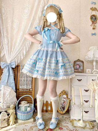 スイートロリータドレス ライトスカイブルー 半袖 フリル カジュアル デイリードレス ポリエステル かわいい ファッション