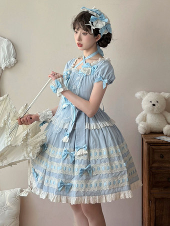 スイートロリータドレス ライトスカイブルー 半袖 フリル カジュアル デイリードレス ポリエステル かわいい ファッション