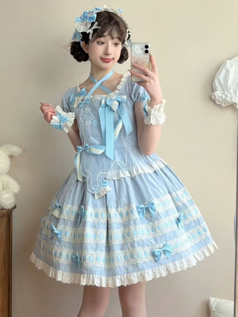ライトスカイブルースイートロリータドレス ライトスカイブルー 半袖 フリル カジュアル デイリードレス ポリエステル かわいい ファッション
