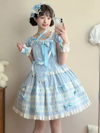 blue kawaii dress Sweet Lolita Light Sky Short Sleeves Ruffles Casual Daily Dress Polyester Fashion Lounge Marlee Asymmetrical Slinky Maxi Size:S / 4 47.5kg 150