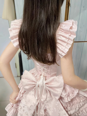 姫ロリータワンピース スイートピンク ノースリーブ フリル ジャンパースカート カジュアル デイリーウェア ポリエステル かわいい ファッション