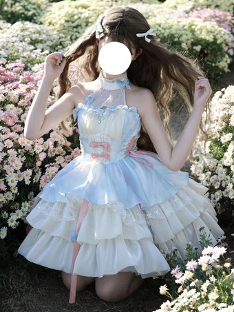 スイートロリータドレス ライトスカイブルー ノースリーブ ティーパーティードレス リボンとトレーン付き ポリエステル かわいいファッション