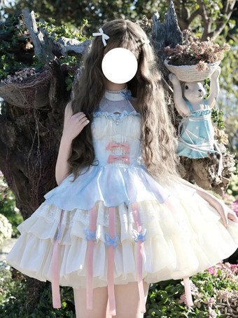 スイートロリータドレス ライトスカイブルー ノースリーブ ティーパーティードレス リボンとトレーン付き ポリエステル かわいいファッション