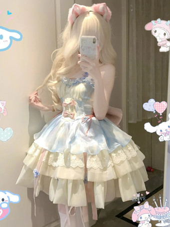 スイートロリータドレス ライトスカイブルー ノースリーブ ティーパーティードレス リボンとトレーン付き ポリエステル かわいいファッション