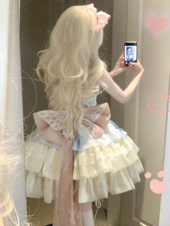 スイートロリータドレス ライトスカイブルー ノースリーブ ティーパーティードレス リボンとトレーン付き ポリエステル かわいいファッション