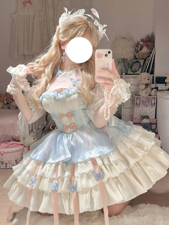 ライトスカイブルースイートロリータドレス ライトスカイブルー ノースリーブ ティーパーティードレス リボンとトレーン付き ポリエステル かわいいファッション