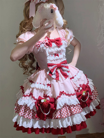 スイートロリータドレス ピンク 半袖 レース 蝶結び ポリエステル かわいい ファッション