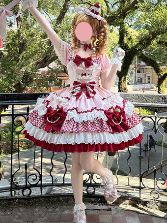 スイートロリータドレス ピンク 半袖 レース 蝶結び ポリエステル かわいい ファッション