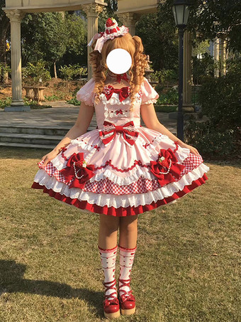 スイートロリータドレス ピンク 半袖 レース 蝶結び ポリエステル かわいい ファッション