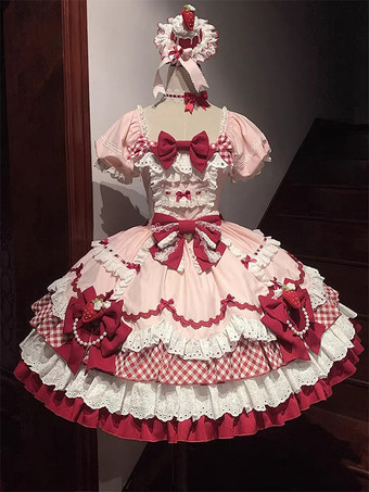 スイートロリータドレス ピンク 半袖 レース 蝶結び ポリエステル かわいい ファッション