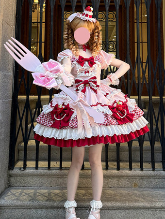 ピンクスイートロリータドレス ピンク 半袖 レース 蝶結び ポリエステル かわいい ファッション