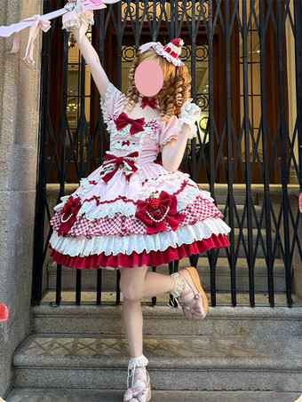 スイートロリータドレス ピンク 半袖 レース 蝶結び ポリエステル かわいい ファッション