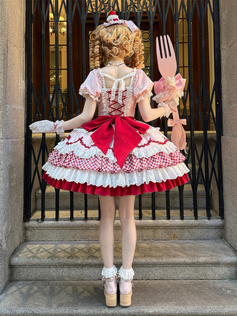 スイートロリータドレス ピンク 半袖 レース 蝶結び ポリエステル かわいい ファッション