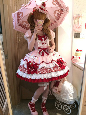 スイートロリータドレス ピンク 半袖 レース 蝶結び ポリエステル かわいい ファッション