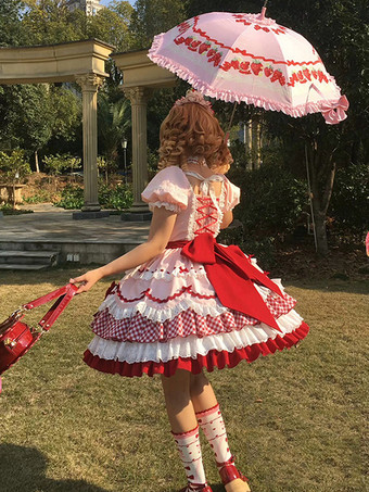 スイートロリータドレス ピンク 半袖 レース 蝶結び ポリエステル かわいい ファッション