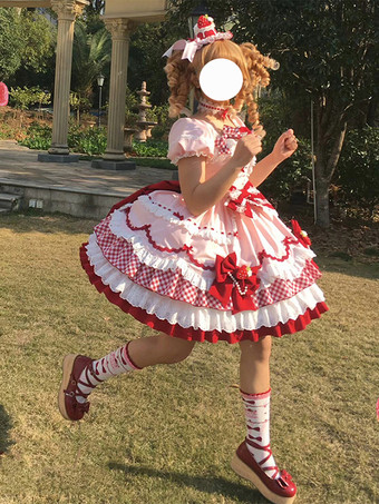 スイートロリータドレス ピンク 半袖 レース 蝶結び ポリエステル かわいい ファッション