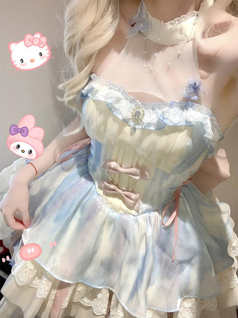 スイートロリータドレス ライトスカイブルー ノースリーブ ティーパーティードレス リボンとトレーン付き ポリエステル かわいいファッション