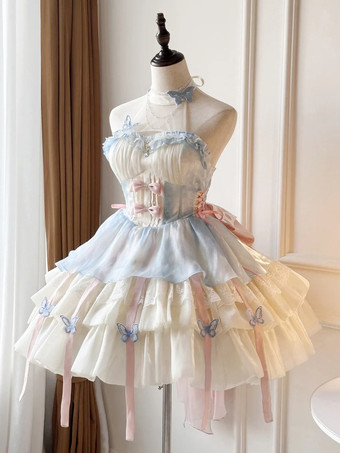 スイートロリータドレス ライトスカイブルー ノースリーブ ティーパーティードレス リボンとトレーン付き ポリエステル かわいいファッション