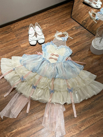 スイートロリータドレス ライトスカイブルー ノースリーブ ティーパーティードレス リボンとトレーン付き ポリエステル かわいいファッション