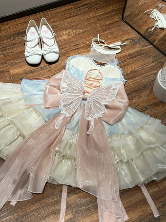 スイートロリータドレス ライトスカイブルー ノースリーブ ティーパーティードレス リボンとトレーン付き ポリエステル かわいいファッション