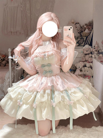 ピンクスイートロリータドレス ライトスカイブルー ノースリーブ ティーパーティードレス リボンとトレーン付き ポリエステル かわいいファッション