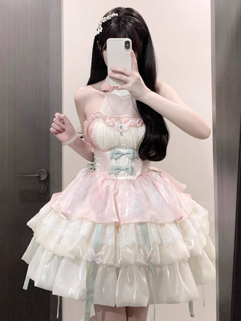 スイートロリータドレス ライトスカイブルー ノースリーブ ティーパーティードレス リボンとトレーン付き ポリエステル かわいいファッション