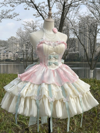 スイートロリータドレス ライトスカイブルー ノースリーブ ティーパーティードレス リボンとトレーン付き ポリエステル かわいいファッション