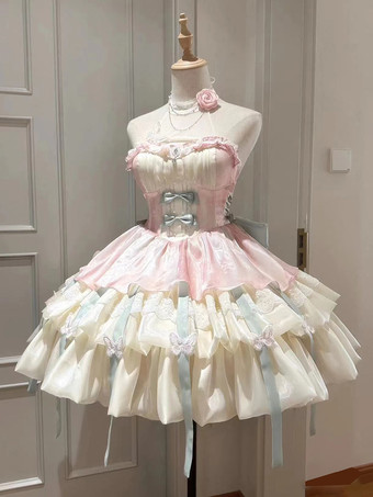 スイートロリータドレス ライトスカイブルー ノースリーブ ティーパーティードレス リボンとトレーン付き ポリエステル かわいいファッション