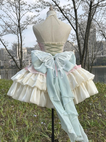 スイートロリータドレス ライトスカイブルー ノースリーブ ティーパーティードレス リボンとトレーン付き ポリエステル かわいいファッション