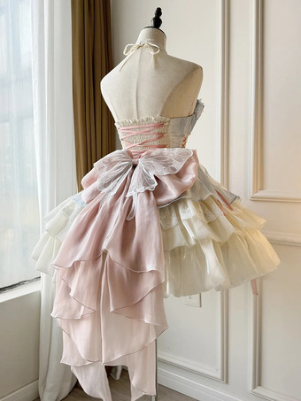 スイートロリータドレス ライトスカイブルー ノースリーブ ティーパーティードレス リボンとトレーン付き ポリエステル かわいいファッション