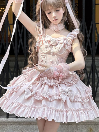 姫ロリータワンピース スイートピンク ノースリーブ フリル ジャンパースカート カジュアル デイリーウェア ポリエステル かわいい ファッション