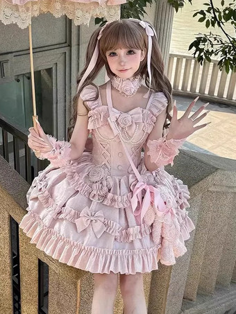 姫ロリータワンピース スイートピンク ノースリーブ フリル ジャンパースカート カジュアル デイリーウェア ポリエステル かわいい ファッション