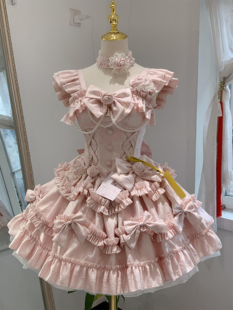 姫ロリータワンピース スイートピンク ノースリーブ フリル ジャンパースカート カジュアル デイリーウェア ポリエステル かわいい ファッション