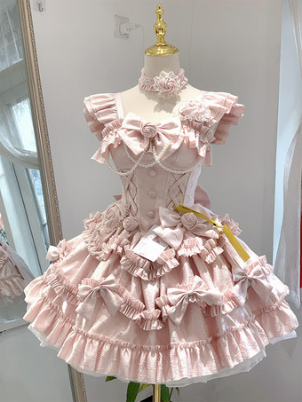 姫ロリータワンピース スイートピンク ノースリーブ フリル ジャンパースカート カジュアル デイリーウェア ポリエステル かわいい ファッション