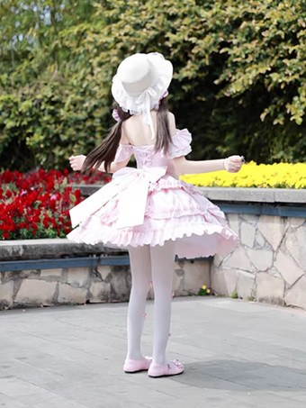 姫ロリータワンピース スイートピンク ノースリーブ フリル ジャンパースカート カジュアル デイリーウェア ポリエステル かわいい ファッション