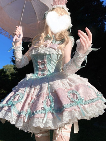 ライトグリーン スイートロリータドレス ライトグリーン ノースリーブ レースアップ ジャンパー ポリエステル かわいい ファッション